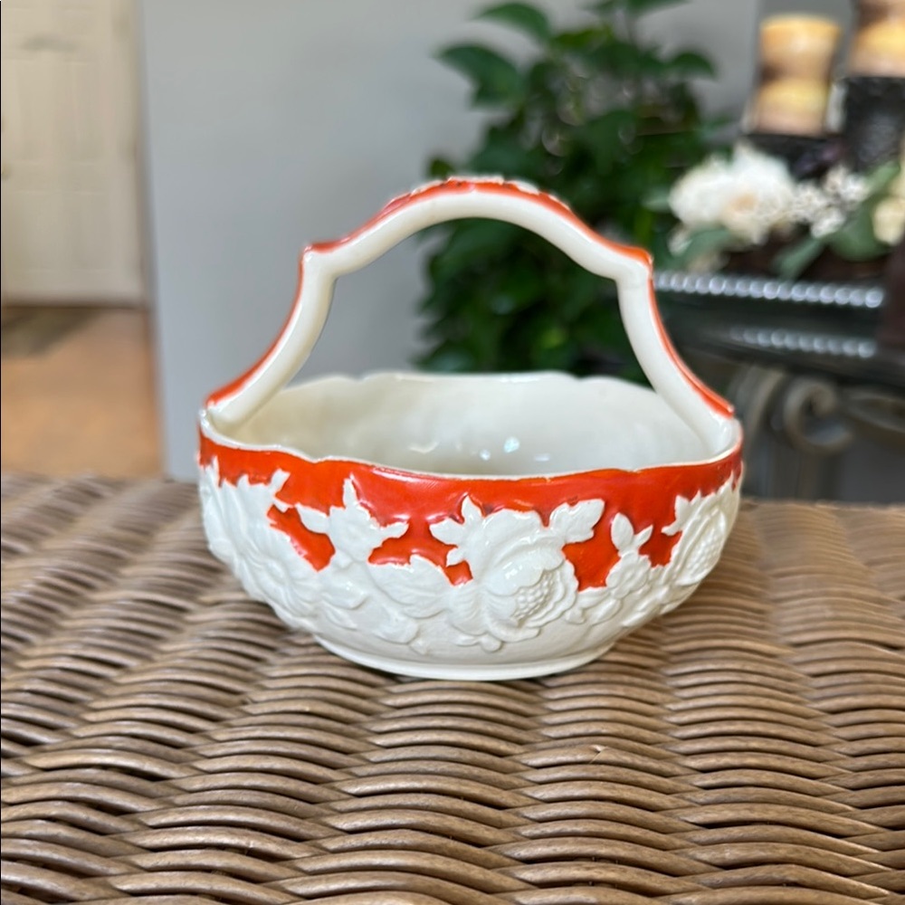 Orange and White Ceramic Basket Vintage Moriyama Mori-Machi